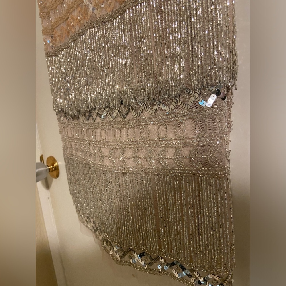 Adrianna Papell Beaded Fringe Cocktail Dress, blush/beige color, sleeveless, sz8 - Picture 12 of 14